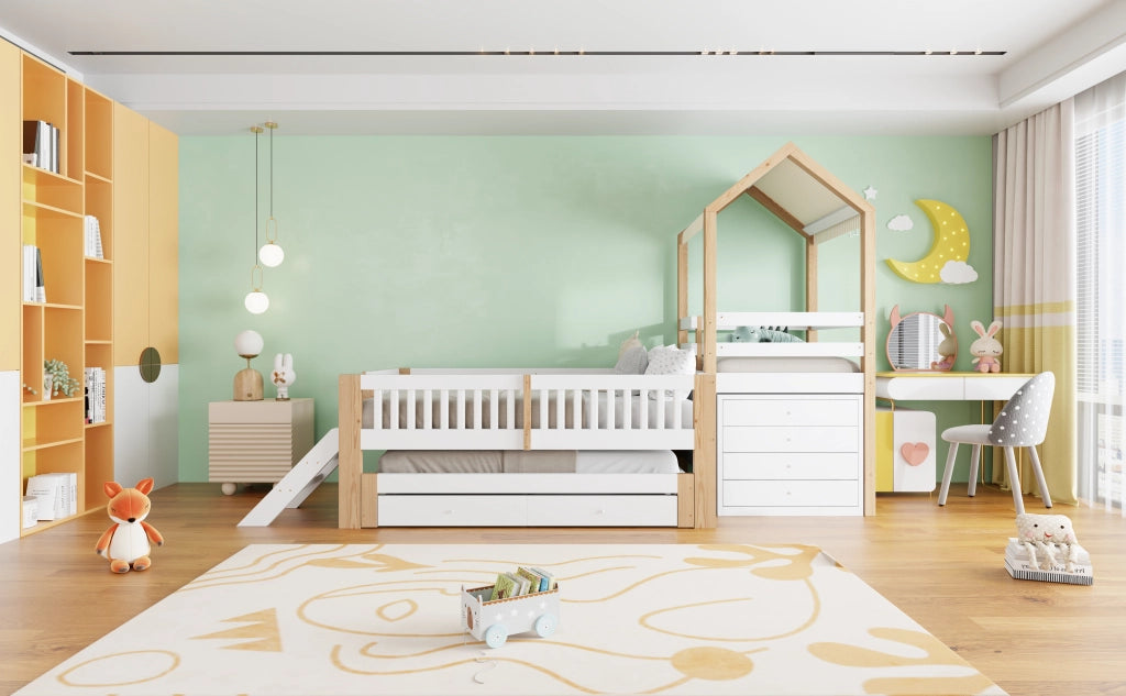 Letto per bambini a casetta 90 × 200 cm con letto estraibile 90 × 190 cm, cassetti e scaletta, senza materasso