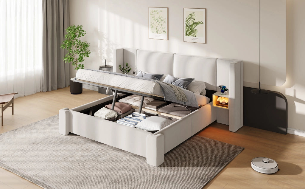 Letto imbottito 180x200 cm in lino beige con contenitore idraulico e LED