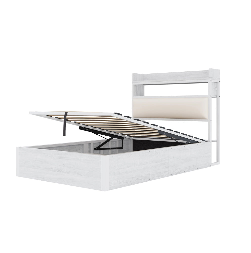 Letto singolo 90x200 cm con contenitore; meccanismo di sollevamento idraulico; USB; bianco