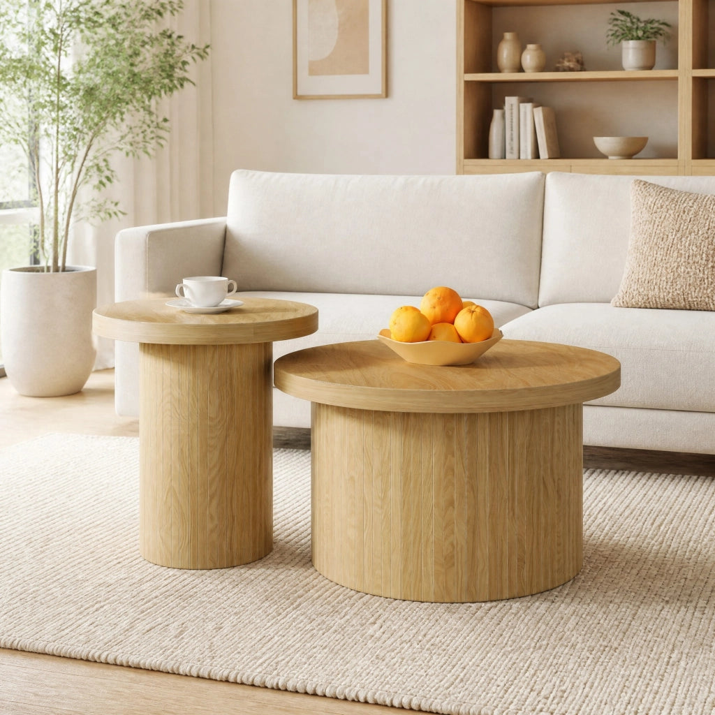 Set di tavolini rotondi moderni in MDF effetto legno naturale; 66 cm e 40 cm