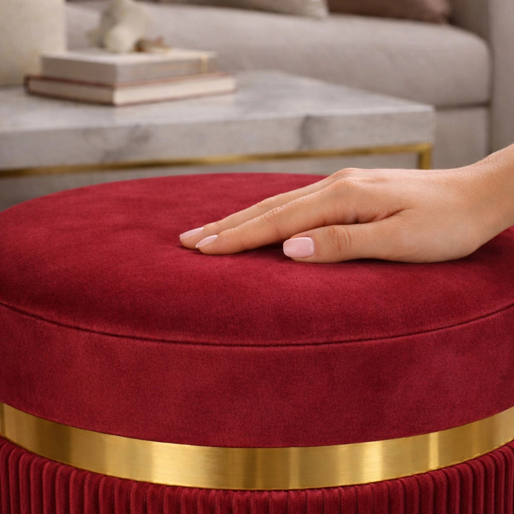 Set 2 Pouf Contenitore Bordeaux con Rivestimento Velluto Morbido Sgabelli Moderni