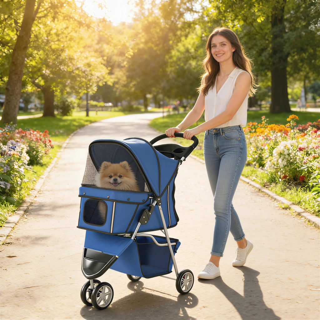 Carrello per Cani Piccoli con Finestrini in Rete ¨C zephmum ¨C 77x44x102 cm Blu