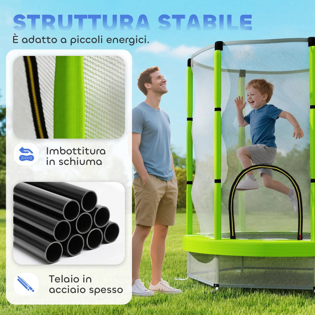 Trampolino Elastico per Bambini ?140 cm con Rete di Sicurezza e Disegni, Et¨¤ 3-6 Anni, Verde