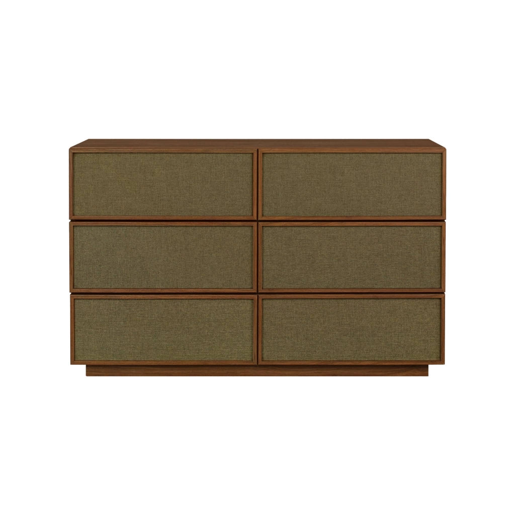 Cassettiera decorativa in legno e tessuto con 6 cassetti, noce