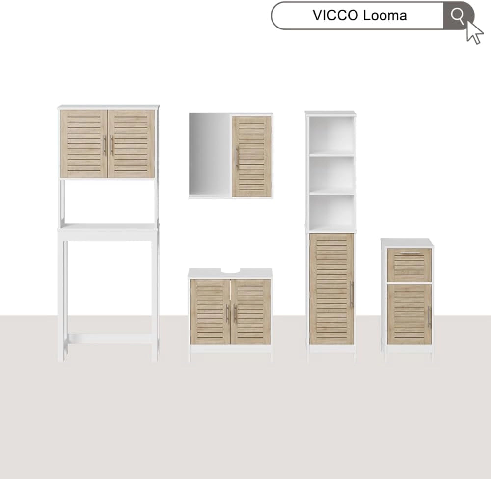 Armadio per il bagno Looma, Bianco/quercia, 35 x 173 cm con 6 scomparti, utilizzabile come armadio sovrapponibile per lavatrice o WC
