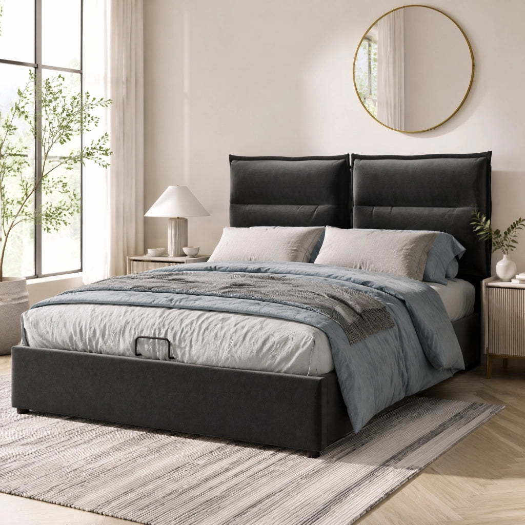 Letto imbottito idraulico 140x200 cm nero con contenitore e testiera regolabile