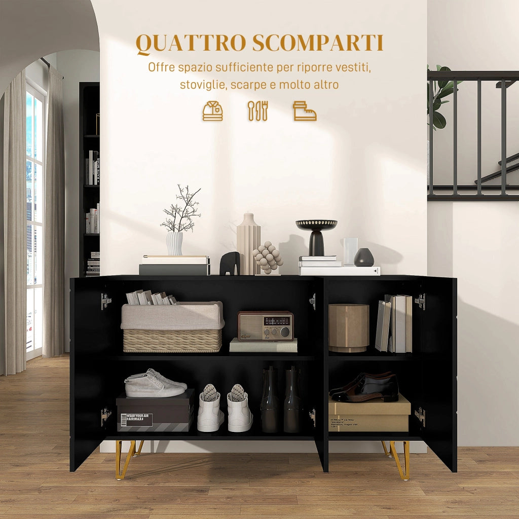 Mobile Contenitore con 2 Armadietti e Ripiano Regolabile, in Truciolato e Metallo, 120x40x75 cm, Nero e Oro