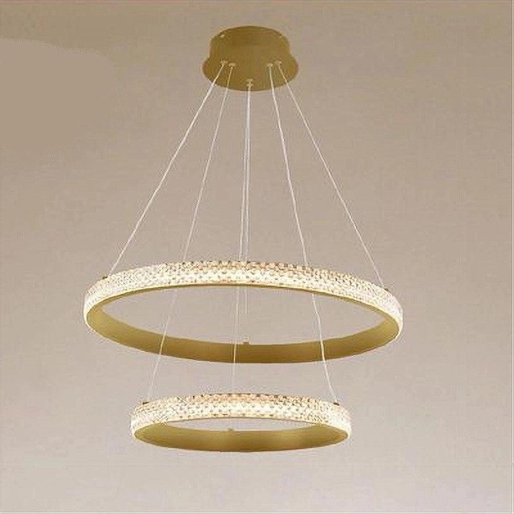 Trade Shop - Lampadario A Sospensione Led 60w 2 Cerchi Anelli Cristallo Telecomando Oro 31975 -