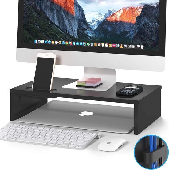 Stand per monitor ergonomico con supporto per smartphone e gestione cavi - Elevatore per computer e laptop in legno (Nero)