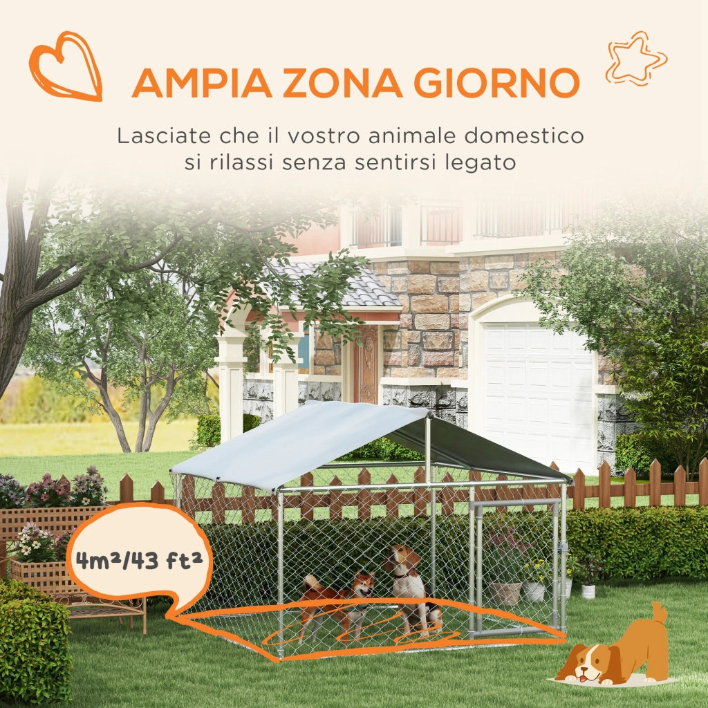 Kennel per Cani da Esterno, Recinto per Animali con Copertura Impermeabile, 200x200x150cm, Argento e Grigio