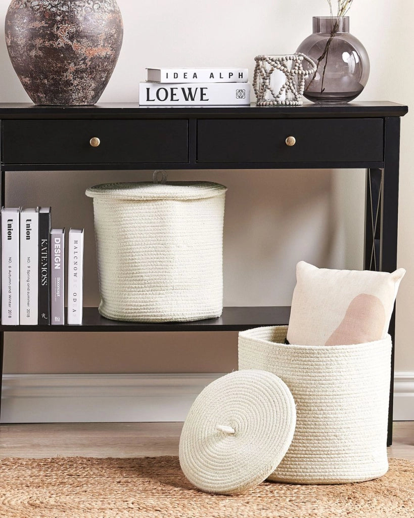 Set di 2 cestini in tessuto di cotone a righe bianco sporco con coperchio Boho Accessori per la conservazione