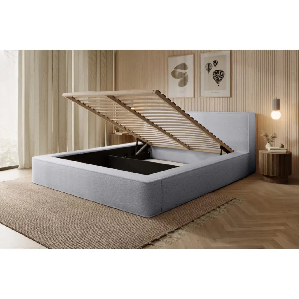 Letto contenitore VELORA – Grigio perla bouclé – 180x200 cm – Tessuto velluto morbido – Rete sollevabile – Spazio di stoccaggio integrato