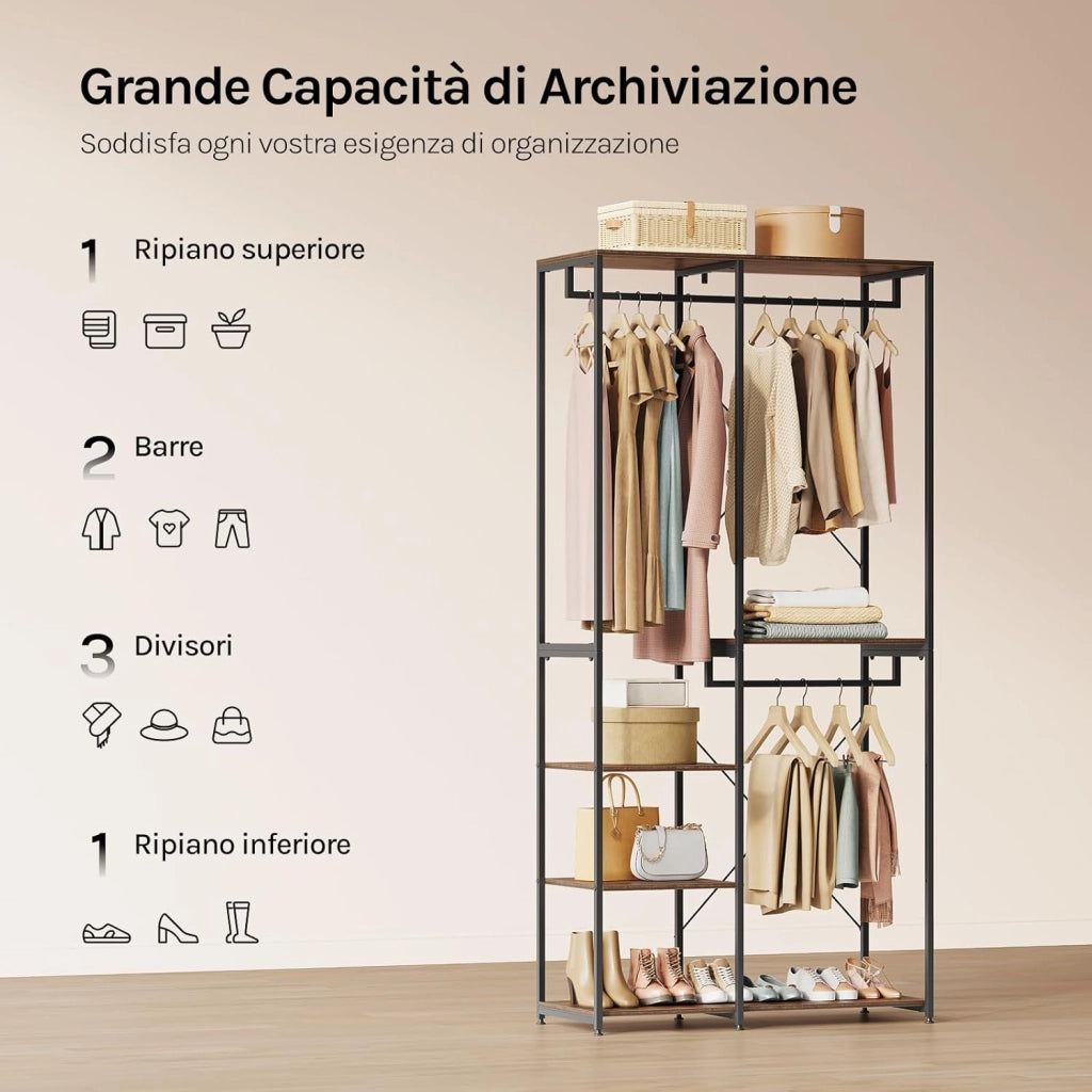 Porta Abiti in MDF e Acciaio, Appendiabiti con Scaffali, Attaccapanni Moderno, Guardaroba Armadio Nero 90x40x204,5 cm