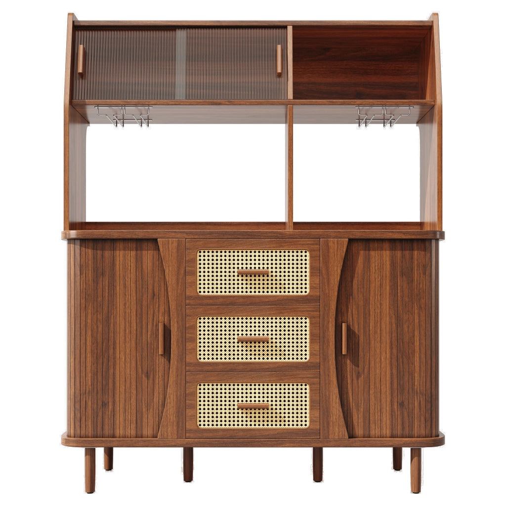 Credenza con Ante in Vetro Scorrevoli e Rattan ¨C MINIMAL ¨C Legno Naturale/Noce, 174,5 cm