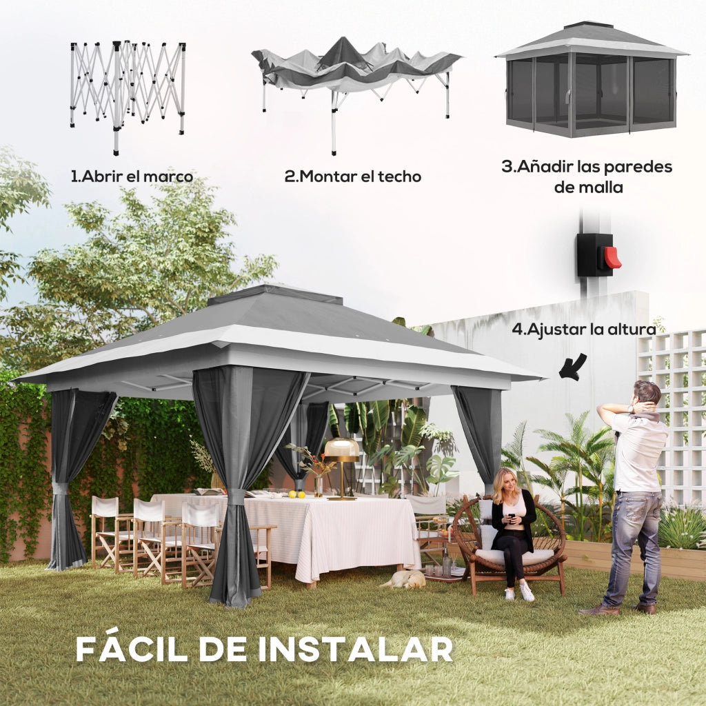 Gazebo Pieghevole 3.6x3.6 m con Pareti in Rete ¨C zephmum ¨C Grigio