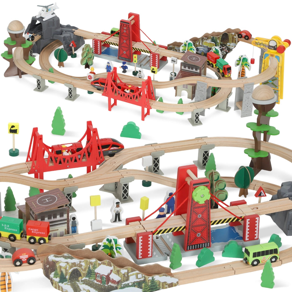 Set Ferroviario 100 Pezzi per Bambini 3+ Anni con Gru Magnetica Treni Ponte Elicottero in Legno