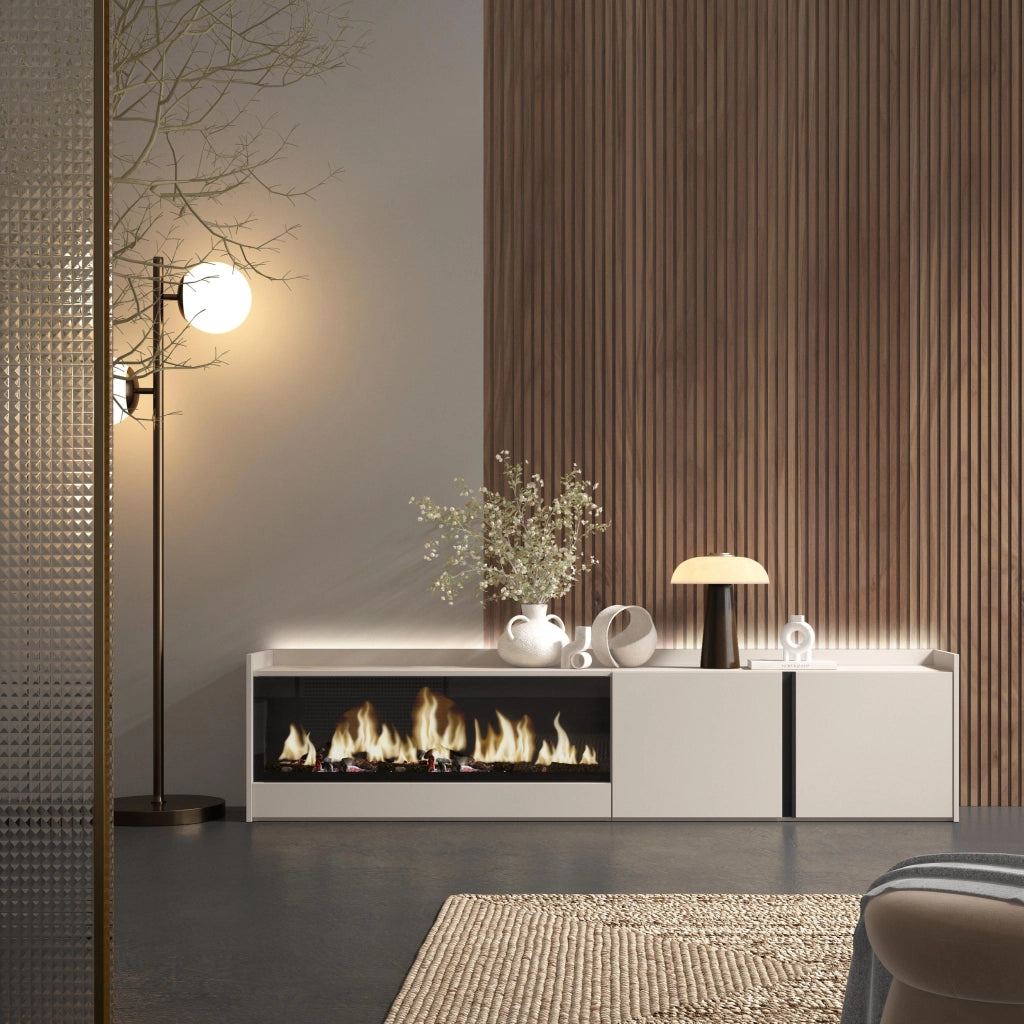 Mobile TV Soggiorno, 212x50x35 cm, Per TV fino a 80", Camino elettrico XXL, LED, Beige