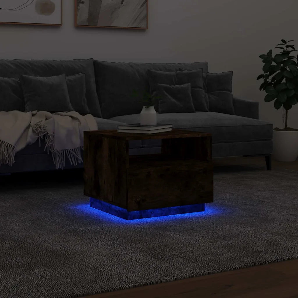 Tavolino da Soggiorno con Luci LED Rovere Fumo 50x49x40 cm 839830