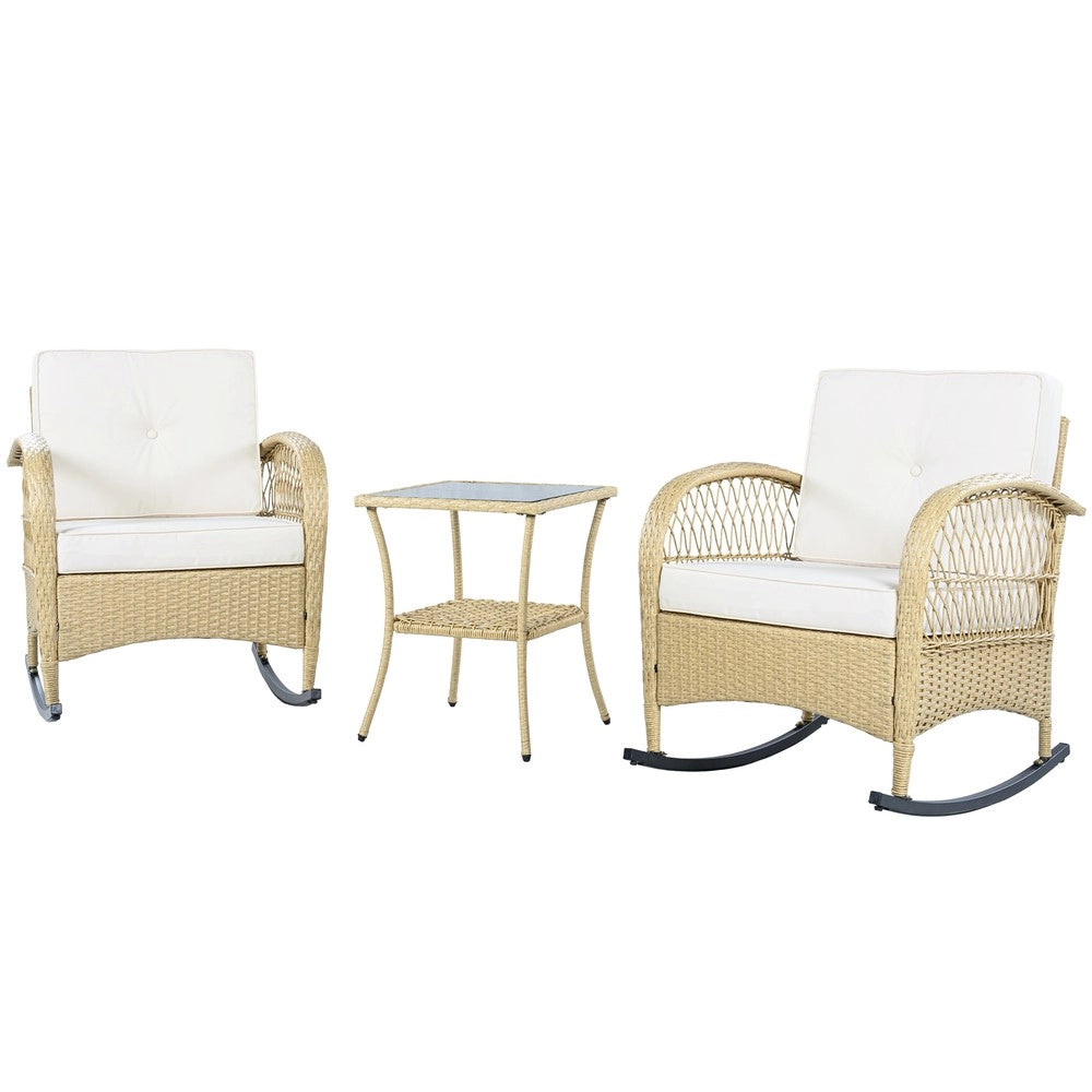 Set Balcone Rattan 3 Pezzi con Sedia a Dondolo e Cuscini Beige ¨C Xylo