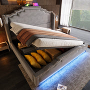 Letto Imbottito Contenitore 140x200 con LED ¨C MINIMAL ¨C Velluto Grigio, Idraulico, Rete a Doghe