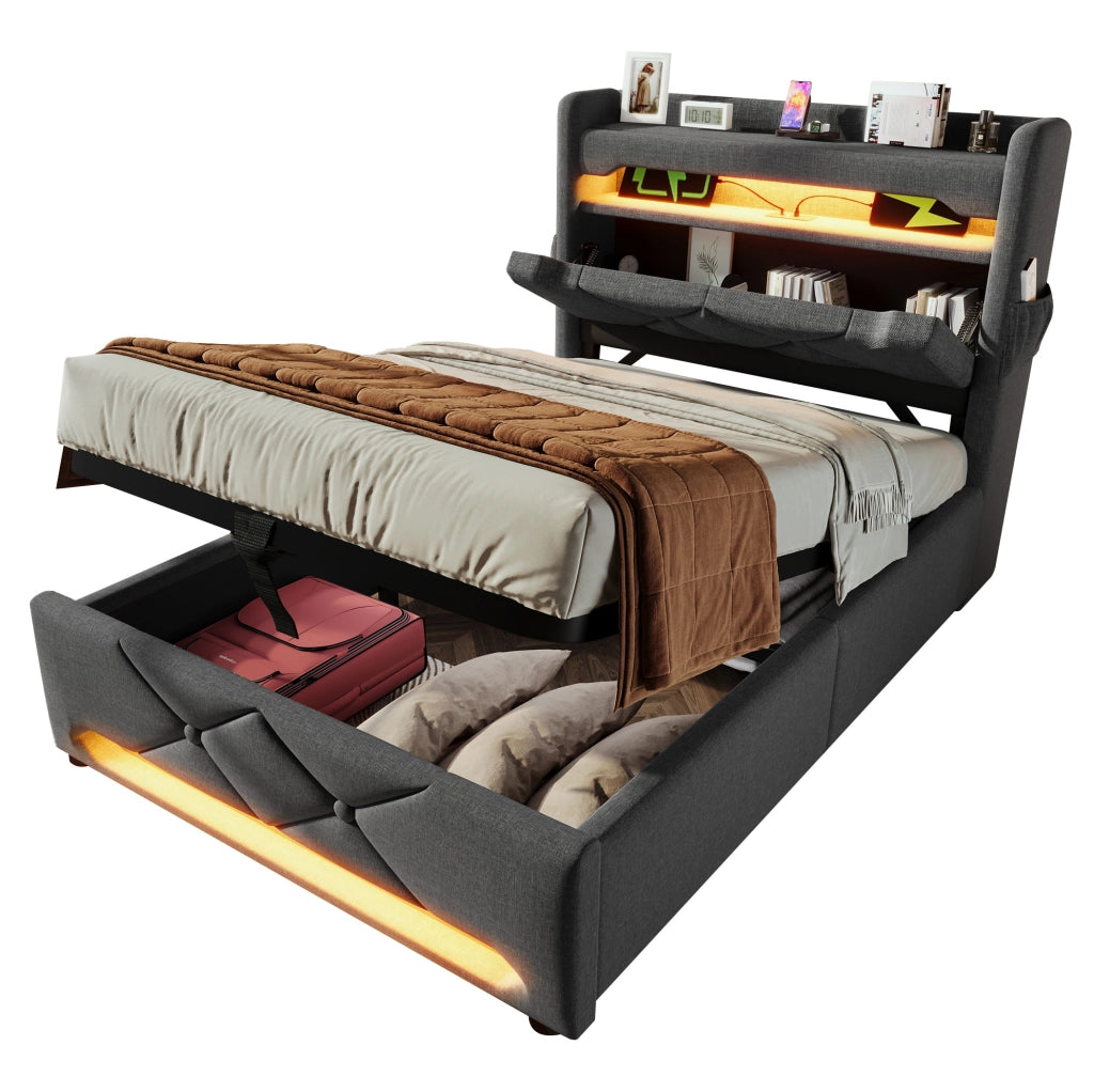 Letto singolo contenitore 90x200 cm con LED; USB e USB C; tessuto in lino grigio