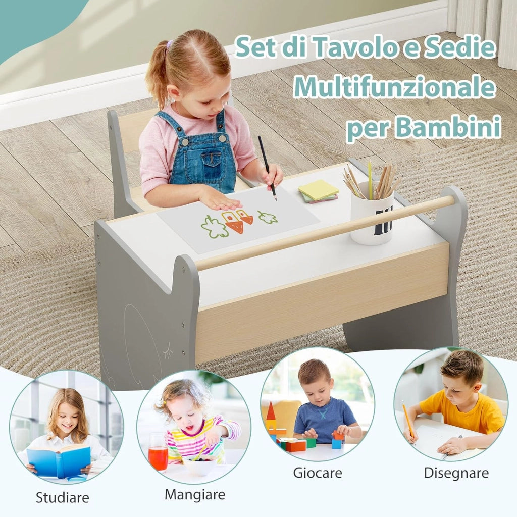 Set Tavolo e Sedia per Bambini 2 in 1, Set con Scrivania e Sedia in Legno per Bambini con Piano Rimovibile, Spazio di Archiviazione e Porta Rotolo di Carta per Aula e Cameretta (Grigio)