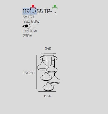 SOSPENSIONE CROMO 5 LUCI TONDA VETRI (3 X PICCOLO AM + 2 X PICCOLO RU) 1191CR-S5 TP-AR