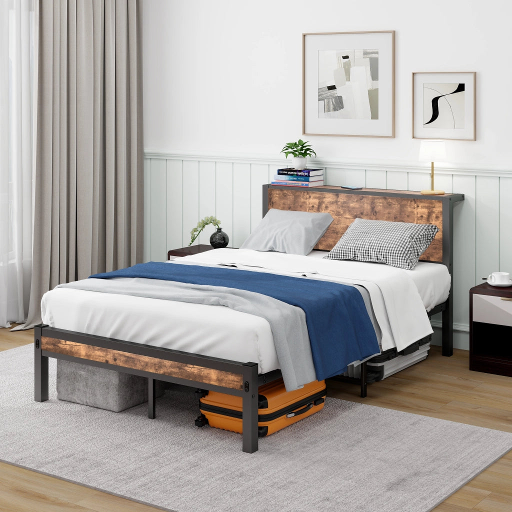 Letto singolo in metallo 120x200 con testiera contenitore; marrone vintage; senza boxspring