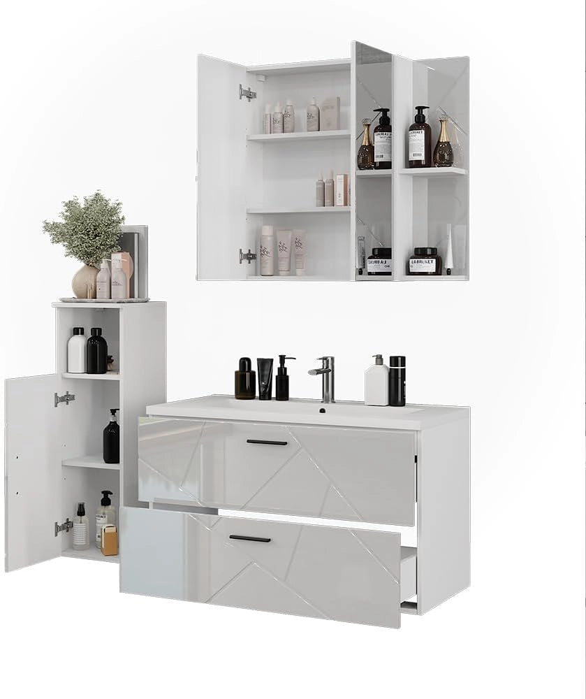 Set di mobili da bagno Irma, Bianco/bianco lucido, 100 cm, composto da mobile sottolavabo con lavabo, armadio medio e specchio da bagno