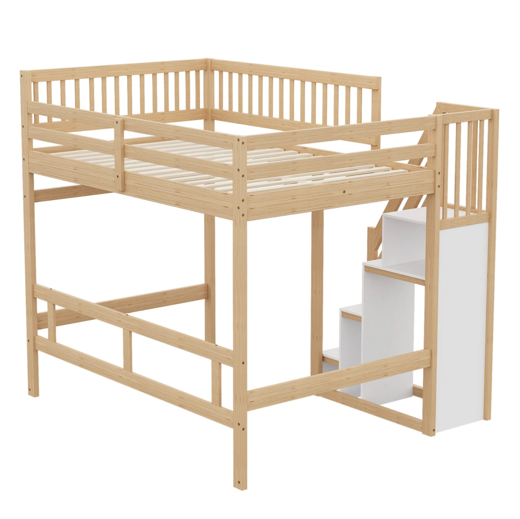 Letto in Legno Massello 140x200 cm con Scala Contenitore e Sponda Alta, Letto Bambini e Ragazzi Colore Legno