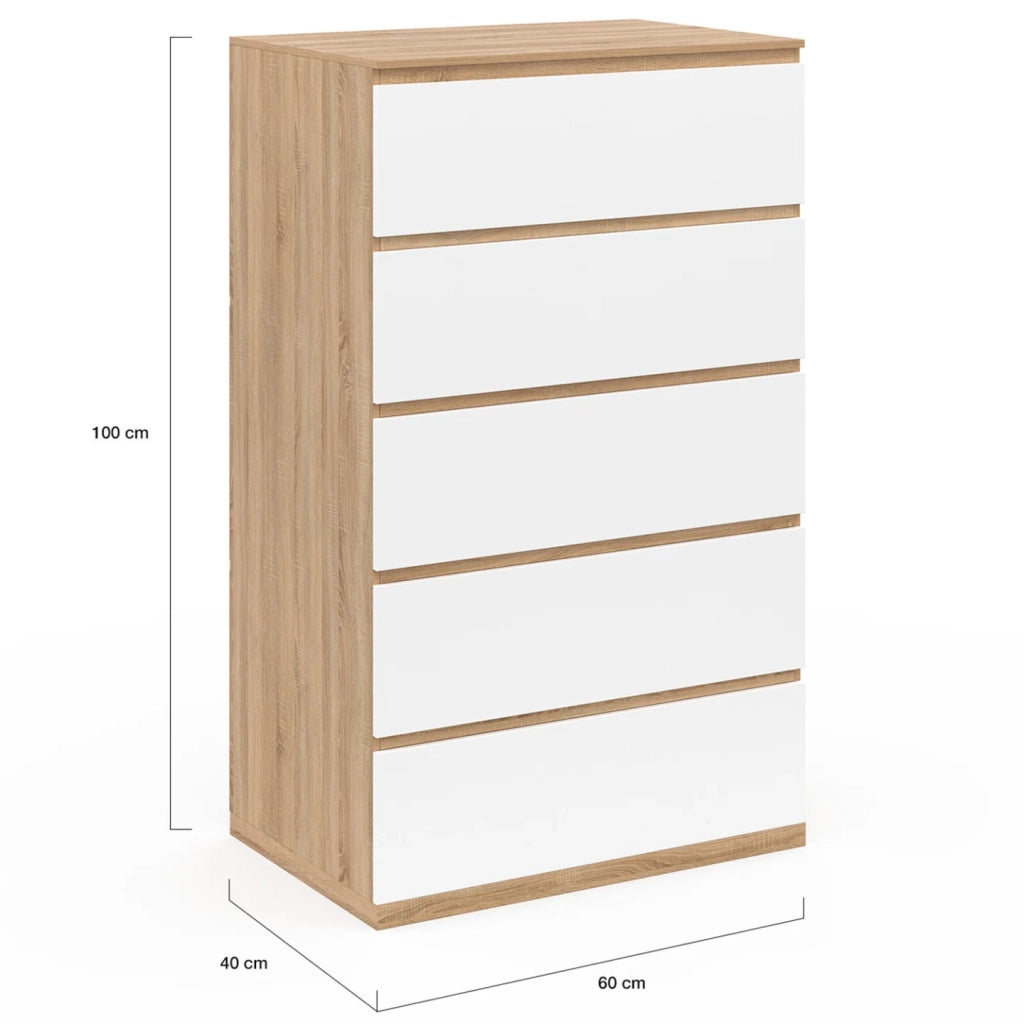 IDMarket - TOMI Cassettiera a 5 cassetti, 60 cm, faggio e look bianco