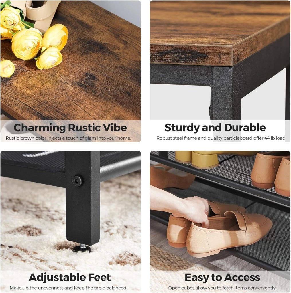 VASAGLE Panca Scarpe, 80 x 30 x 44,5 cm, scarpiera a 2 livelli in rete, portaoggetti Scarpe, per ingresso, metallo, stile industriale, marrone rustico e nero LBS74X