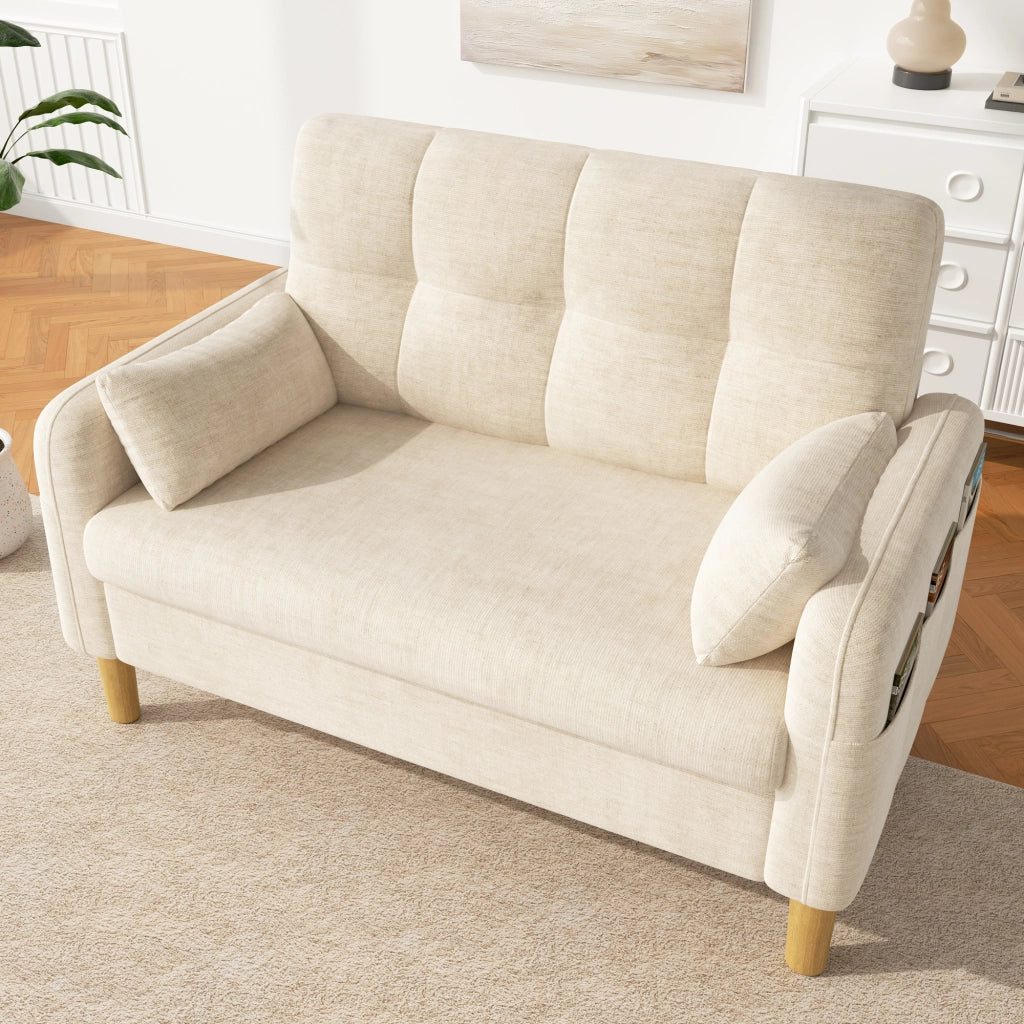 Divano 2 posti con cuscini e tasca laterale in chenille beige 119 × 78 × 85 cm