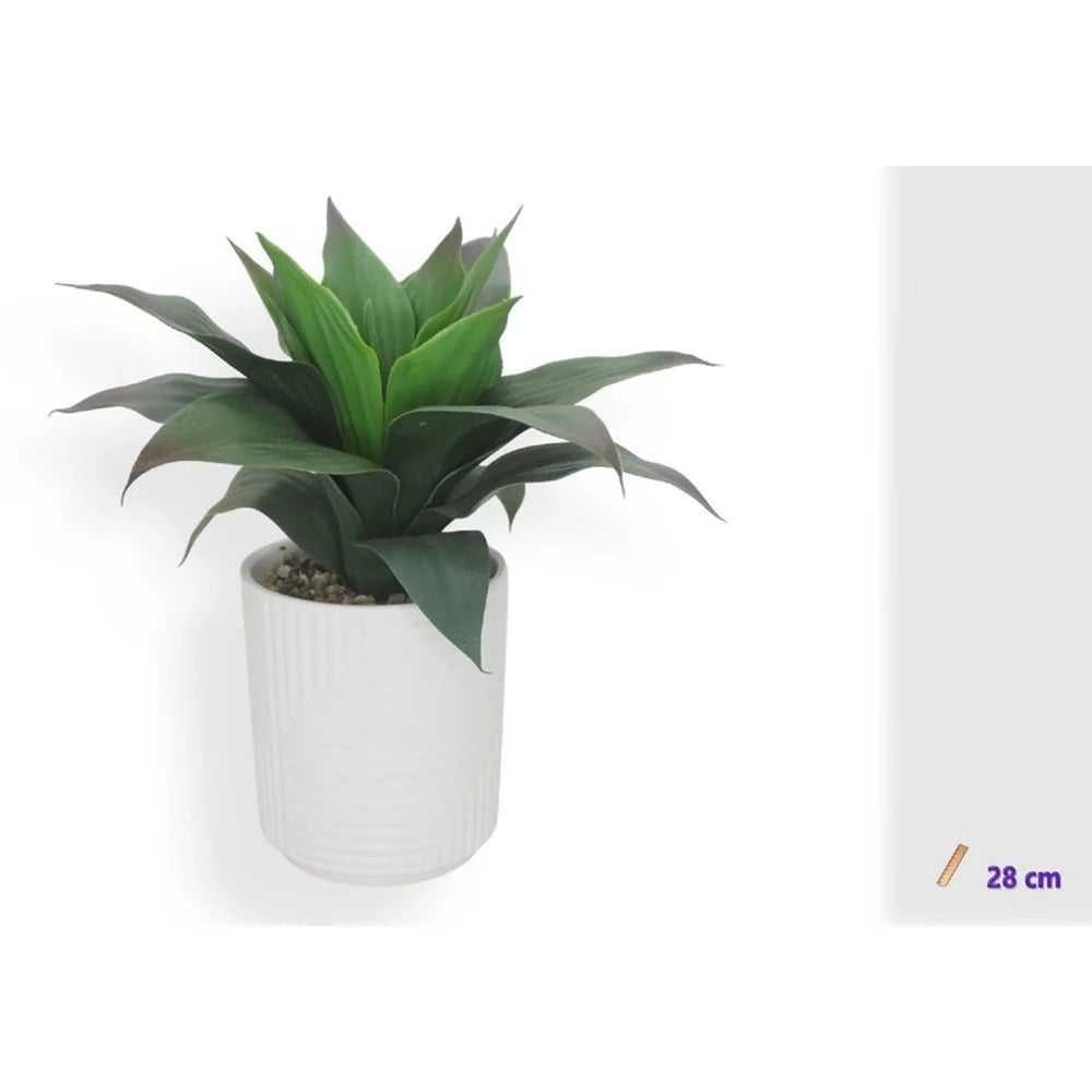 Trade Shop - Vaso Ceramica Bianco Texture A Righe Con Pianta Artificiale 28cm Decorazione Casa 164391 -