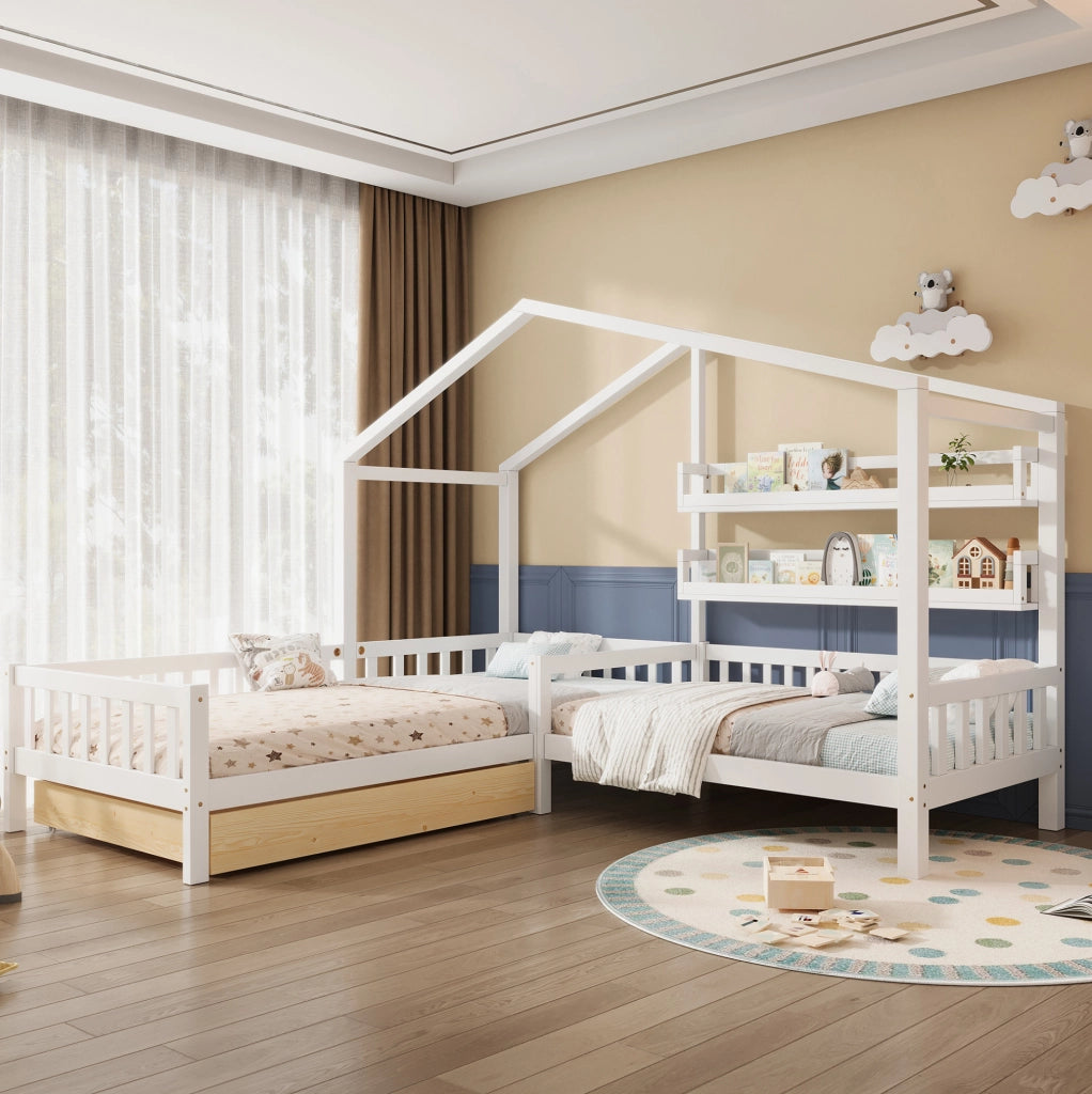 Letto a casetta a L in legno massello con cassetti e mensole bianco