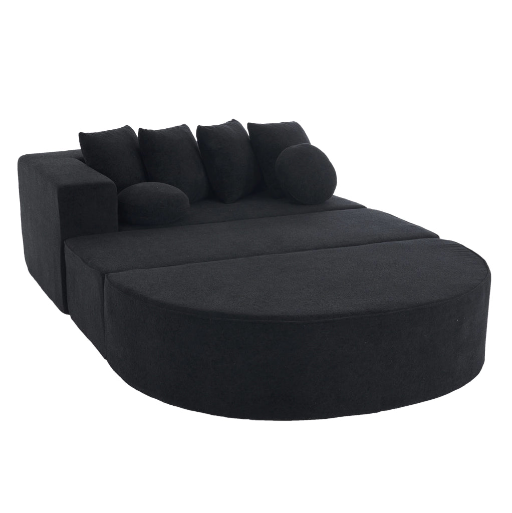 Divano modulare ULEVR nero in ciniglia, struttura interamente in schiuma, trasformabile in divano letto