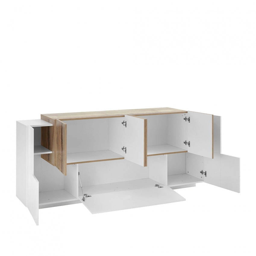 Credenza Moderna NEW CORO con 2 ante battenti, 1 ribalta e 4 ante battente in Bianco, Acero e Pereira
