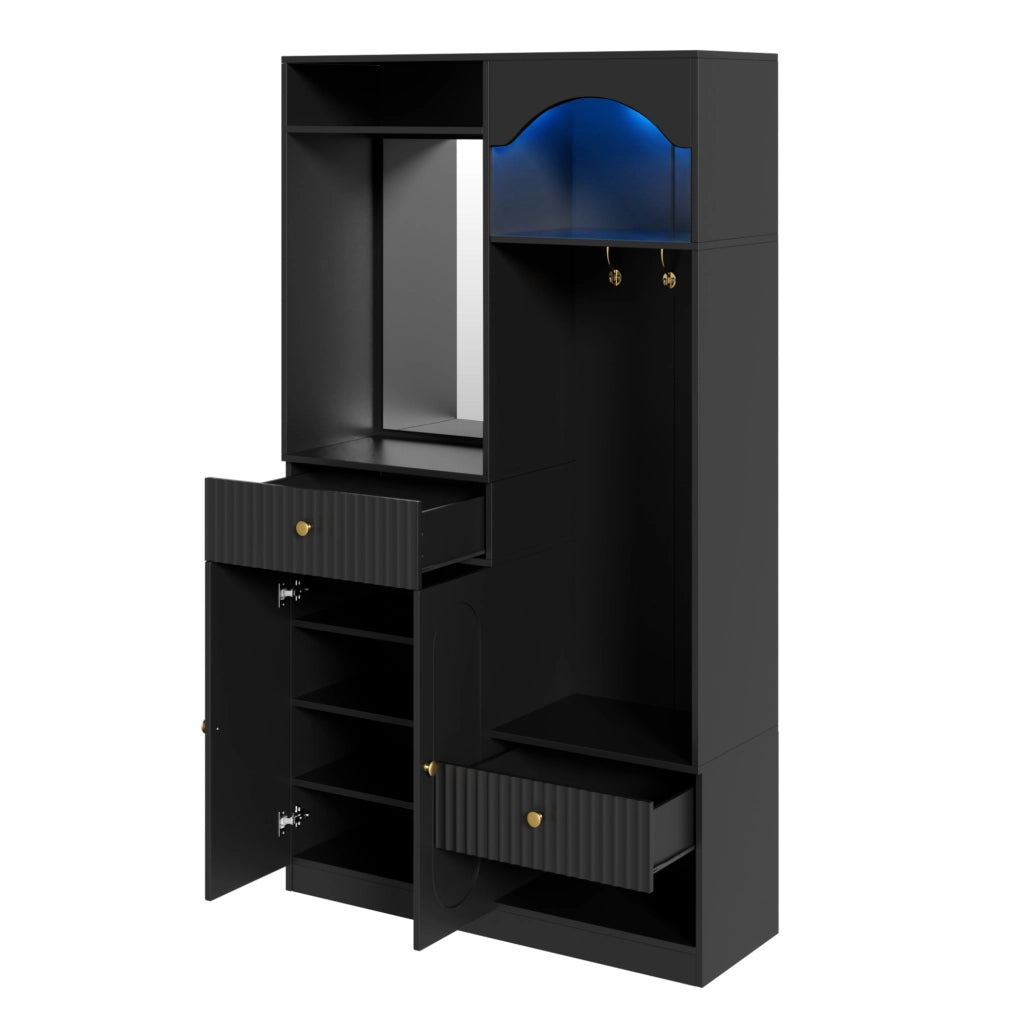 Guardaroba da ingresso nero con specchio, panca e LED