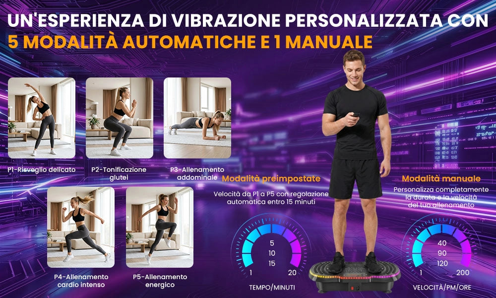 Pedana Vibrante per Fitness Domestico | 200 Livelli, 5 Programmi | Bluetooth | Stabile e Silenziosa | Bande di Resistenza | Max 150 kg