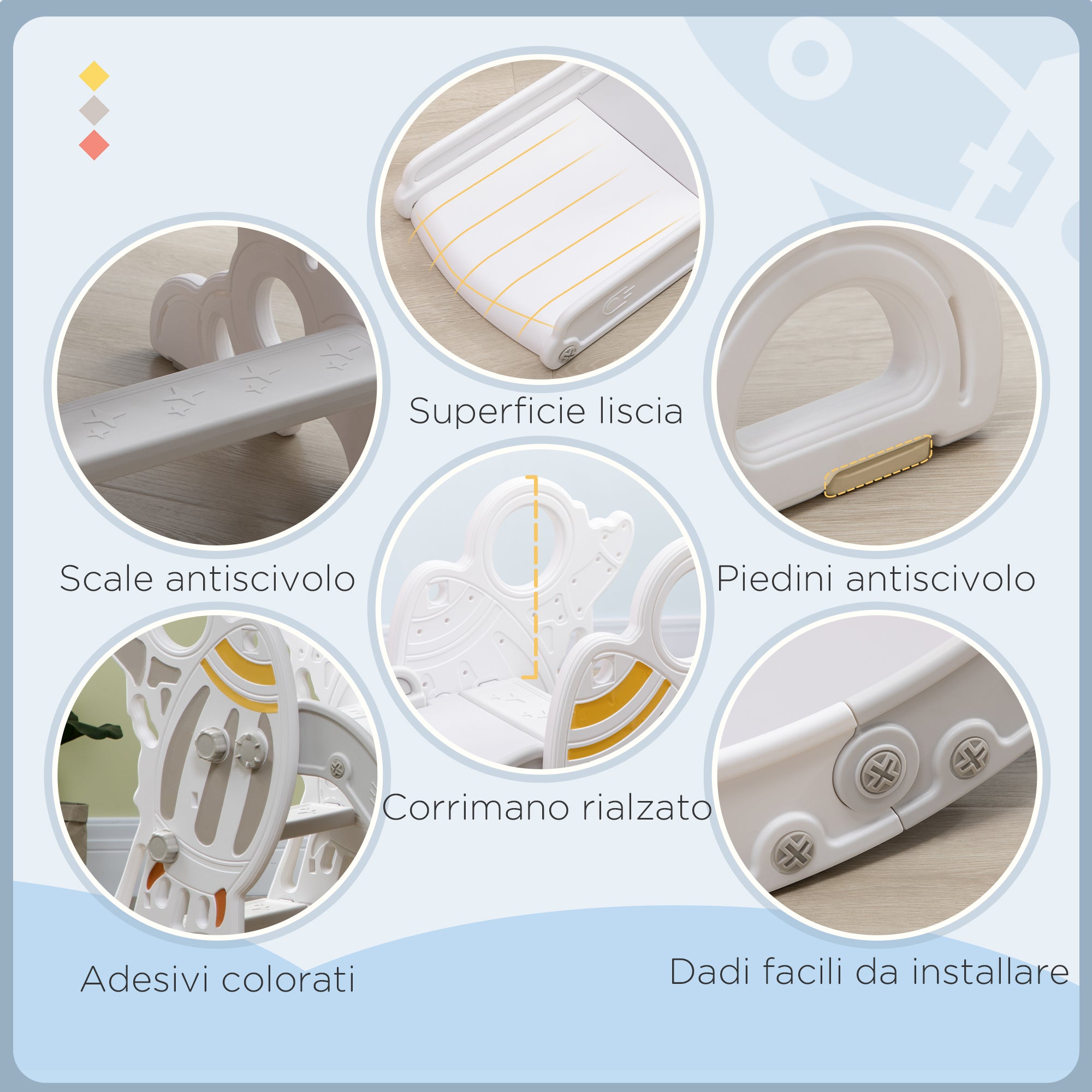Scivolo per Bambini 18-36 Mesi 157x46.5x80 cm a Tema Spaziale con Scale Antiscivolo in PE e PP Grigio e Bianco