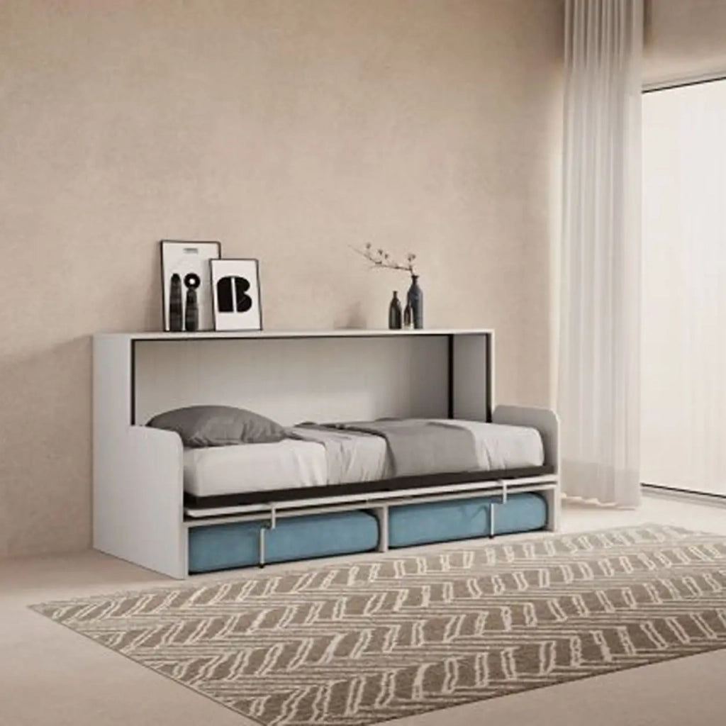 Letto singolo a scomparsa Kando con divano bianco frassino, azzurro