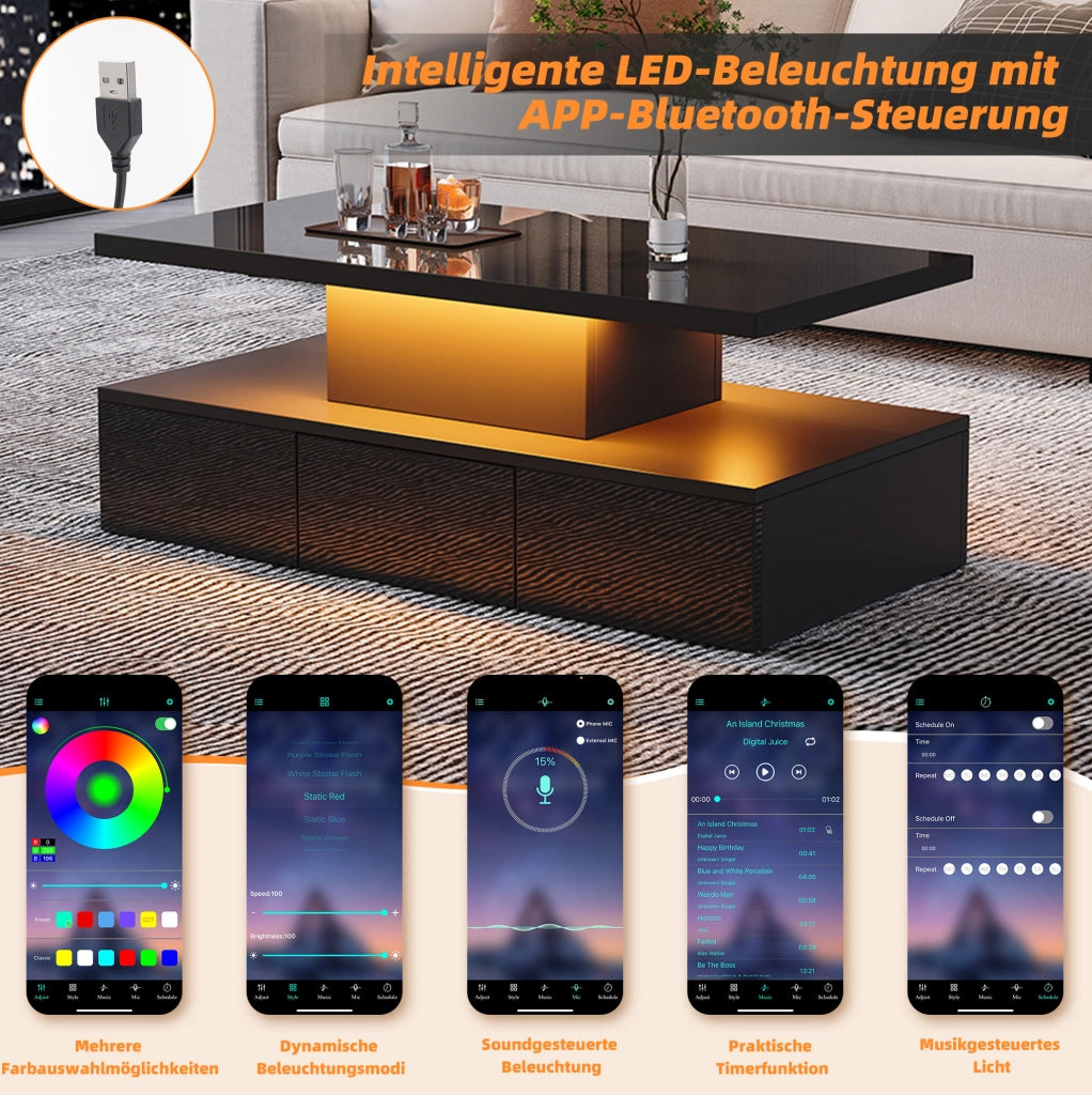 Tavolino da salotto LED nero con ripiano e cassetto