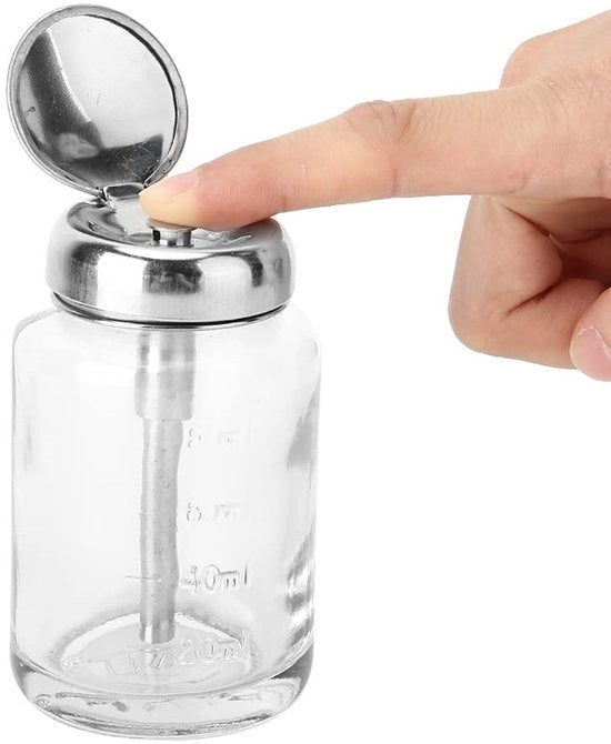 Rimozione Vernice da Unghie con Pompino Dispensatore - Bottiglia in Vetro Riciclabile - Progettata per Prevenire la Fuga - Strumento Professionale per Manicure - Facile da Utilizzare - Prevenzione della Perdita di Vernice