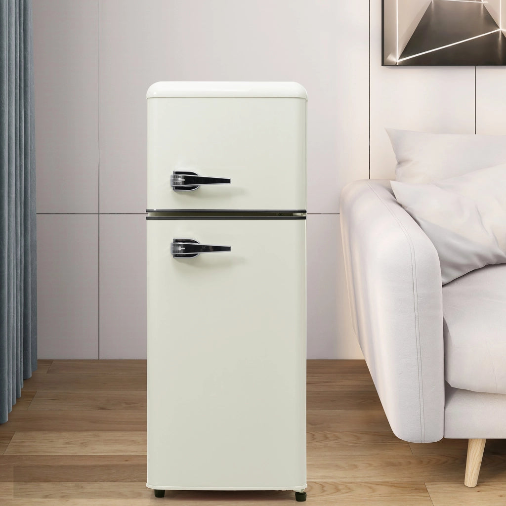 Frigorifero retrò; frigorifero-freezer combo; volume totale 92L; congelatore 28L; mensole per porte; mensole in vetro; luce LED; efficiente energetico; bianco antico