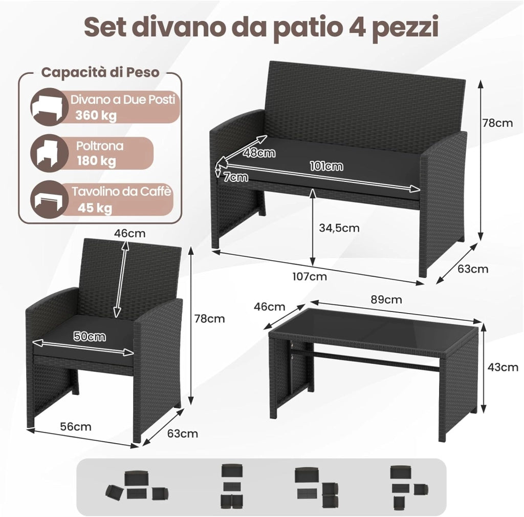 Set Salotto da Giardino 4 Pezzi, Divanetto e Poltrone in Rattan con Tavolino da Caffè in Vetro Temperato, Set di Mobili da Esterno Imbottiti per Cortile, Veranda e Bordo Piscina (Nero)