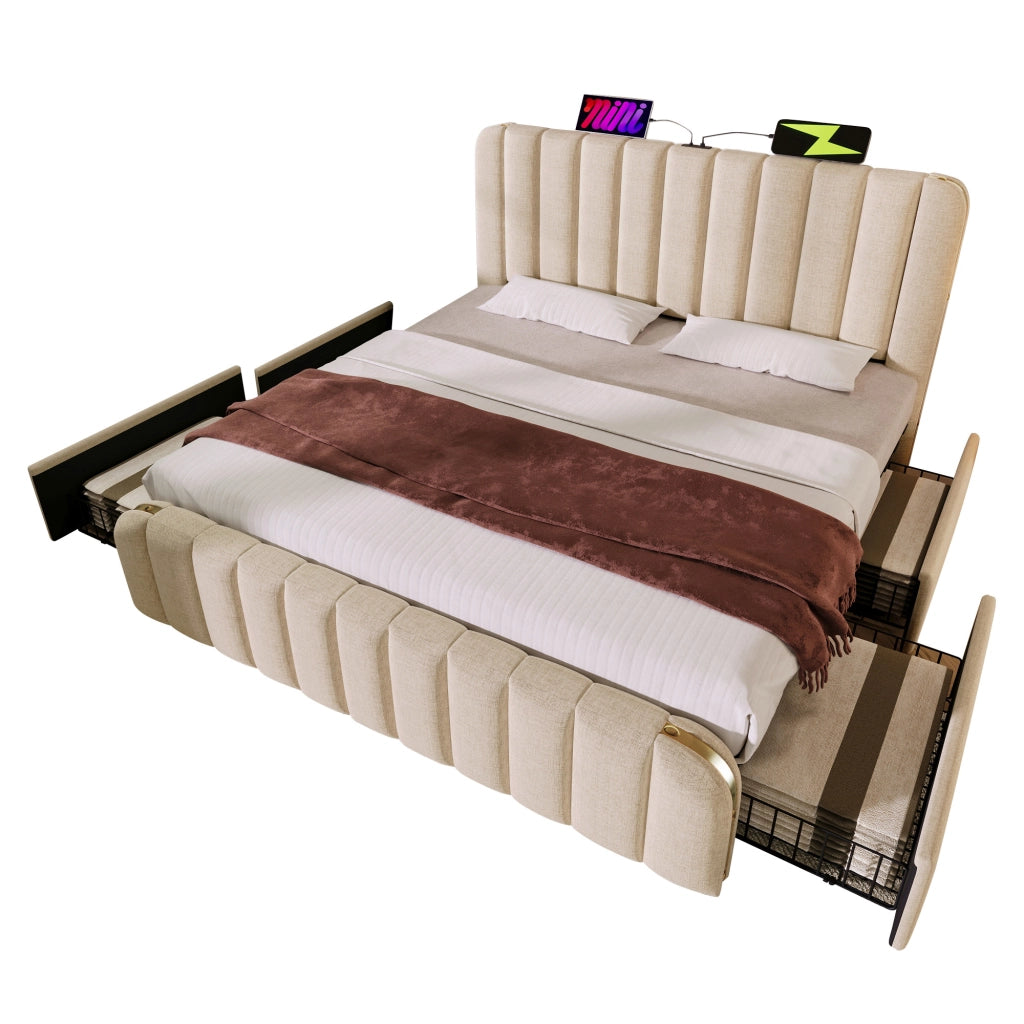 Letto con Cassetti Matrimoniale 160 x 200 cm; USB; Porta C; LED e Testiera con Contenitore; senza Materasso; Grigio