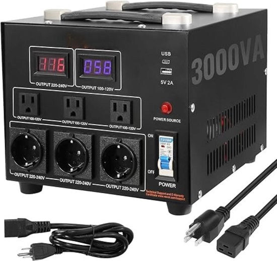3000W trasformatore di alimentazione AC 110V⇋220V con uscita 3 poli, 3 prese di corrente 5-15R, 3 prese di corrente Shucko, 1 porta USB femmina e 1 porta USB-C femmina