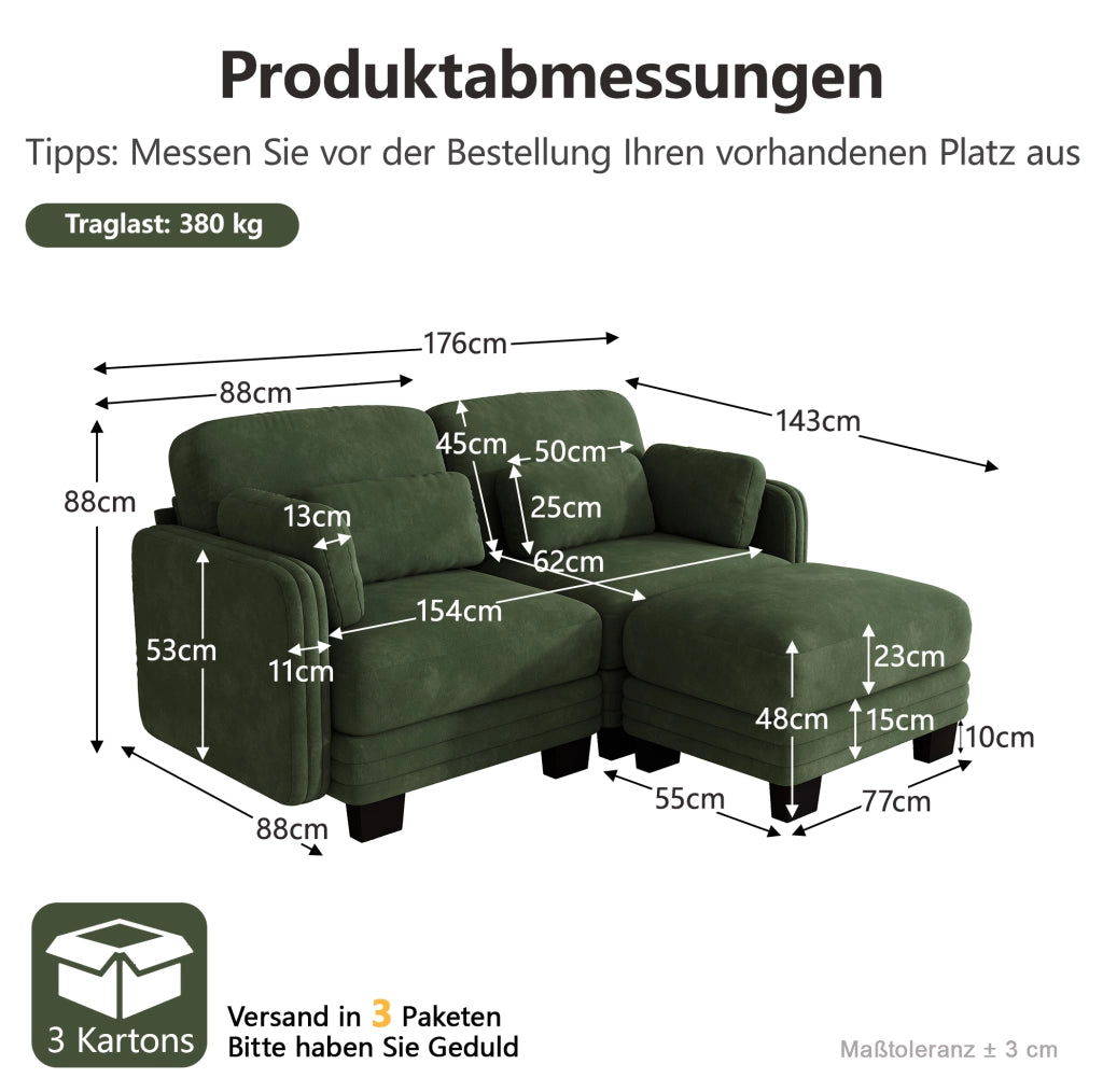 Divano modulare a L in chenille verde con pouf; cuscini lombari e bracciolo; 176x143x88 cm