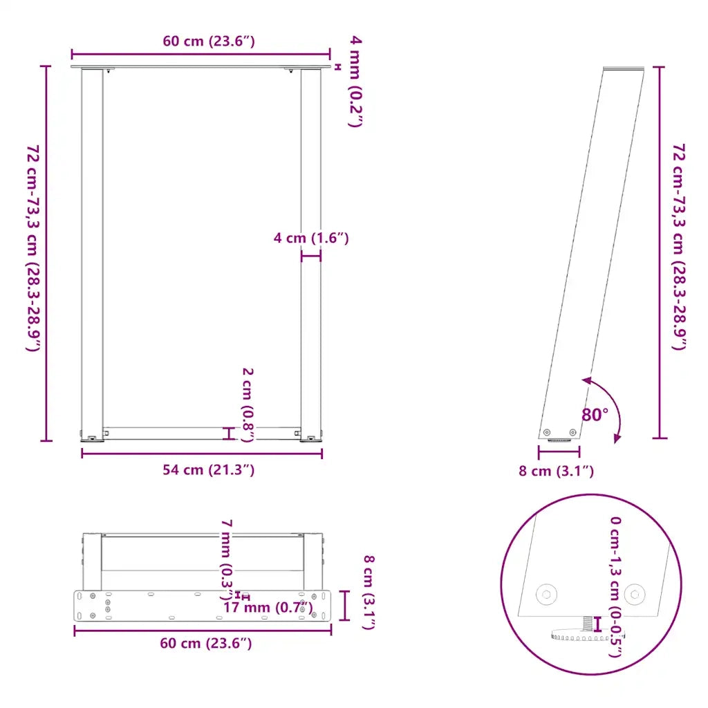vidaXL Gambe per tavolo da pranzo a forma di U 2 pz in acciaio naturale 60x(72-73) cm