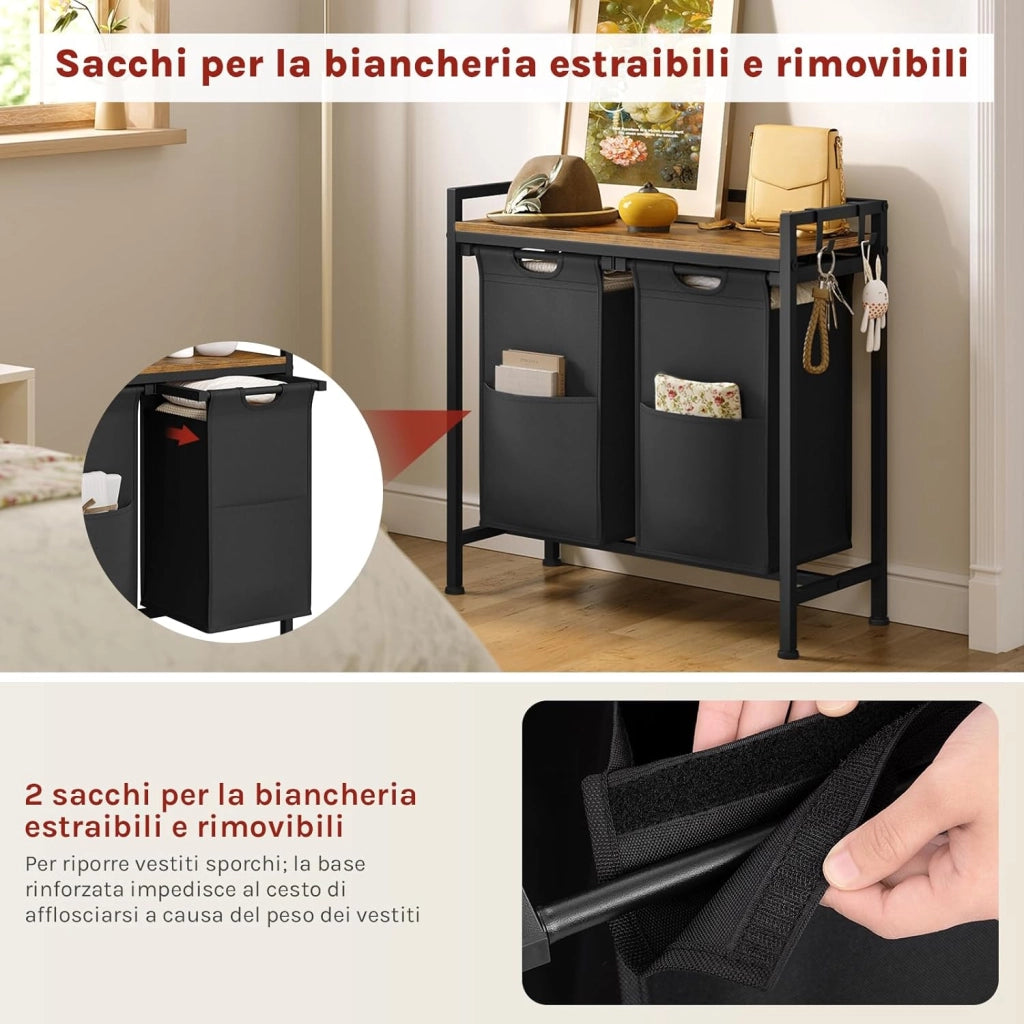 Cesta Biancheria a 2 Scomparti, Cestino Biancheria Sporca con Struttura in Metallo, Sacco per Bucato Rimovibile in Tessuto Oxford, Capacità 40L per Cesto, Nero